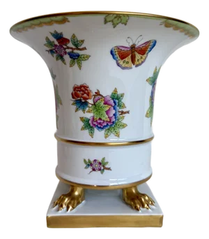 Herend Queen Victoria Hand-Painted Butterfly Floral Porcelain Footed Urn Vase