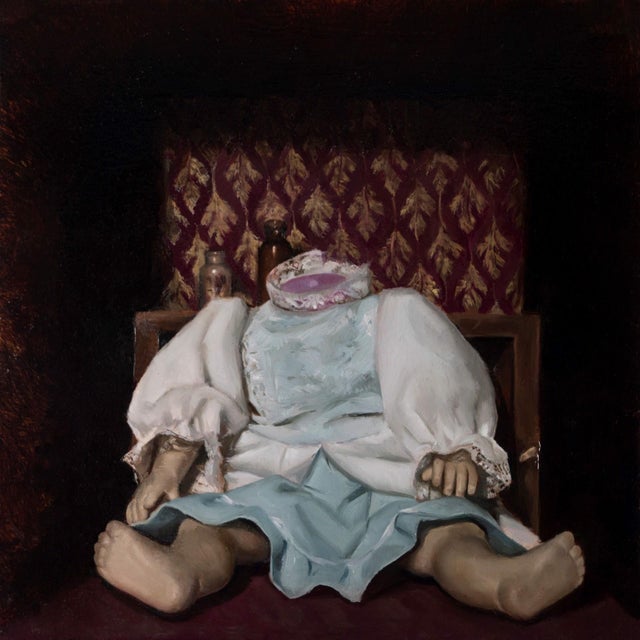 This oil on wood panel features a lifeless figure dressed in a pale blue gown, evoking a sense of eerie stillness and...