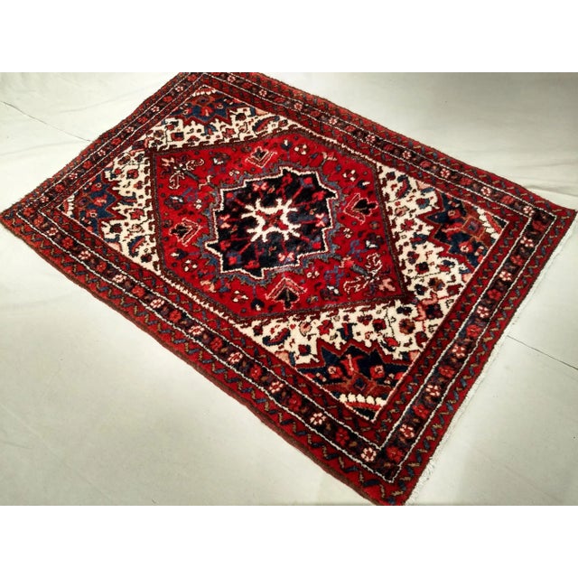 Red Vintage Persian Heriz Serapi Area Rug in Near Square Size in Red, Ivory, Navy For Sale - Image 8 of 9