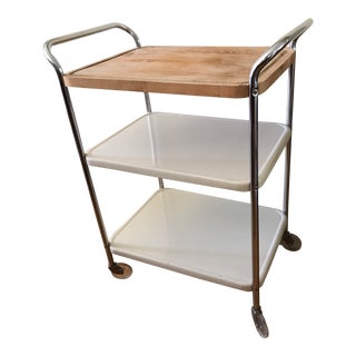 Vintage Rolling Chrome Enamel Bar Cart For Sale