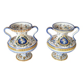 Antique French Hand-Painted Faience Vases, Set of 2 For Sale