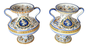 Antique French Hand-Painted Faience Vases, Set of 2
