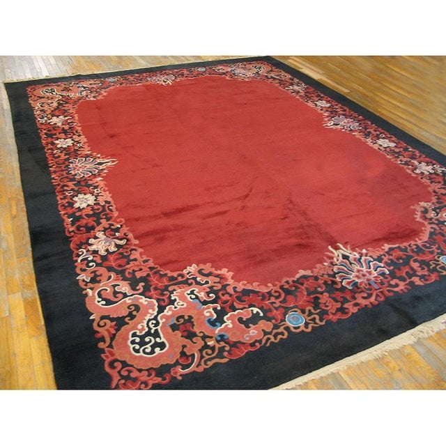 Knotted Wool Antique Red Chinese Room Size - Art Deco 1920s Rectangle Rug, Circa Date: 1920s. This exceptional Chinese Art...