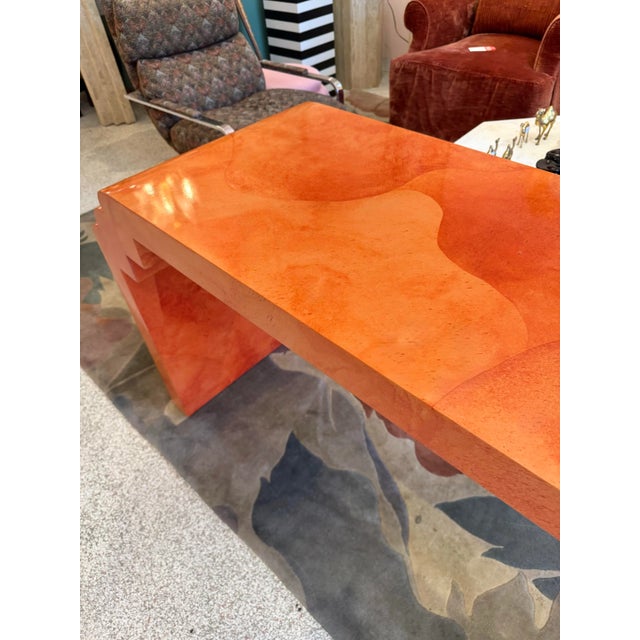 Wood 1980s Vintage Postmodern Faux Goatskin Orange Lacquer Console Table For Sale - Image 7 of 12