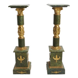 Italian Empire Style Gilt-Bronze / Green Marble Pedestals For Sale