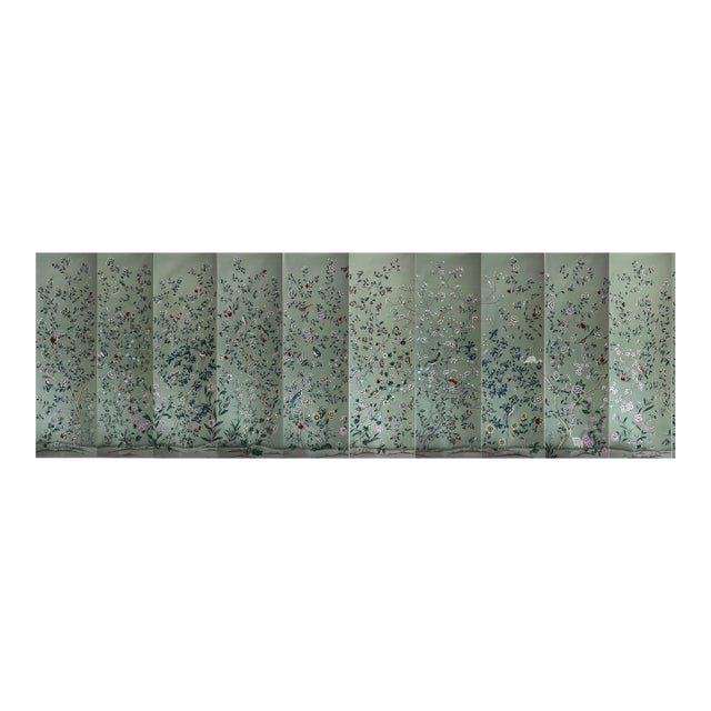 Sage Green Chinoiserie Mural | 10-Panel Hand-Painted Floral & Bird Wallpaper For Sale