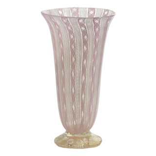 Murano Pink Zanfirico and Latticino Glass Trumpet Vase, Italy, 1950s For Sale