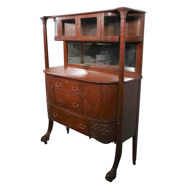 19th Century Victorian Oak Sideboard With Showcase Top, Animal Paw Feet, Mirrored Backsplash For Sale - Image 12 of 12