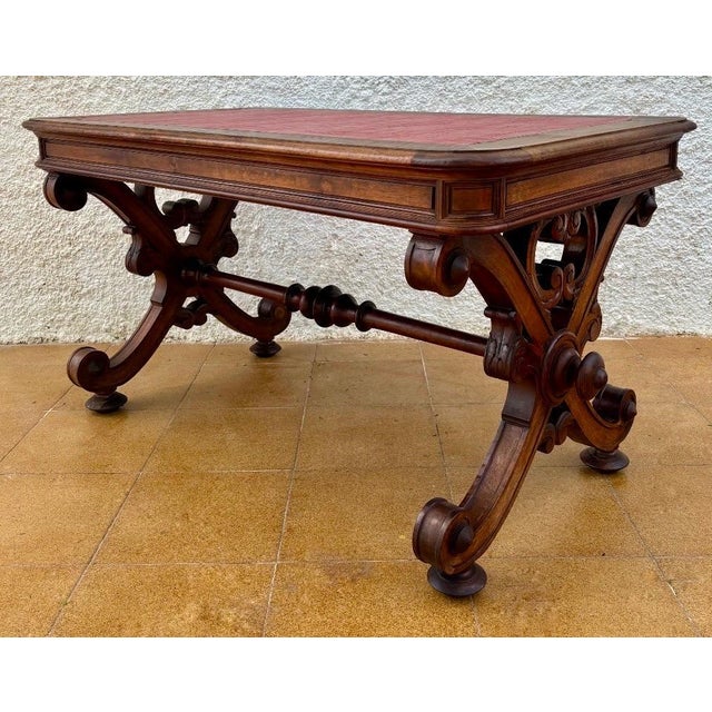 Wood Spanish Baroque Revival Writing Table with Lyre Legs and Leather Top, 1920s For Sale - Image 7 of 10