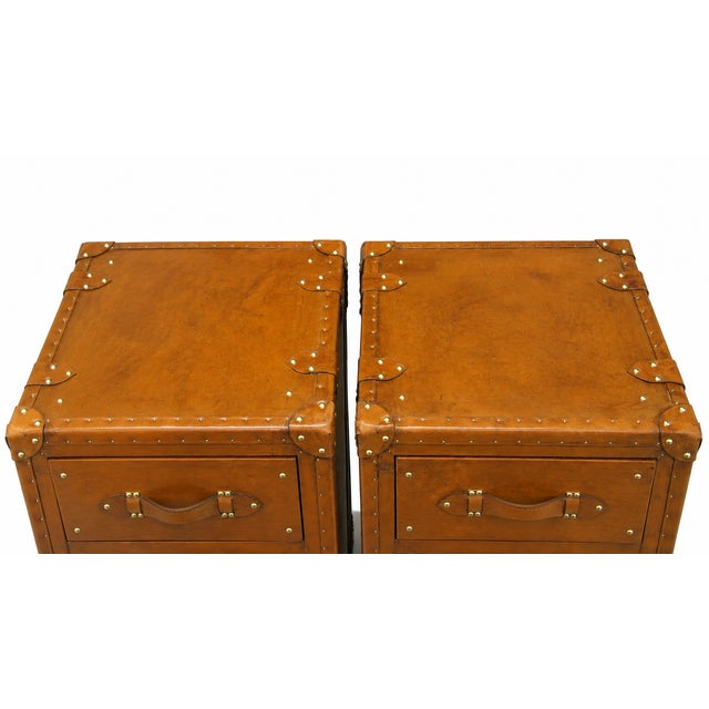 Luxury Handmade Leather Bedside Tables, Pair of Vintage Trunk Nightstands, Tan Leather 3 Drawer Bedside Cabinets With Brass Studs For Sale - Image 12 of 12