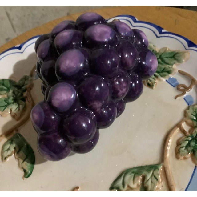 Vintage Bella Casa by Ganz Trompe L’Oeil Blue and White Plaid 3d Fruit Grapes Plate Decorative Kitchen Wall Plate