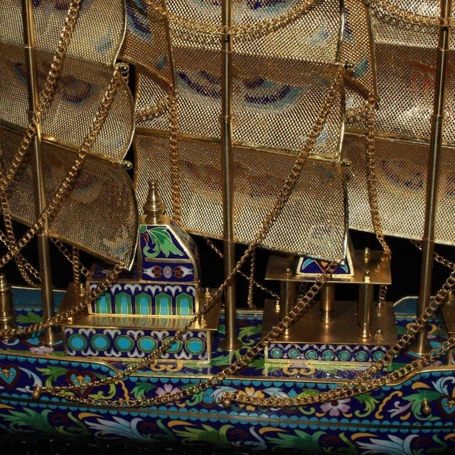 Vintage Cloisonne Enamel Ship Model – 28" Gilt Sailing Boat With Box For Sale - Image 9 of 9