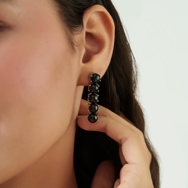 Victorian Style 147.37 Ct Black Star Cabochon Tennis Necklace With Drop Earrings Set - 3 Pieces For Sale - Image 6 of 15