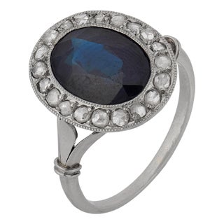 1910s Edwardian Sapphire Diamond Platinum Cluster Ring, Size 4.75 For Sale
