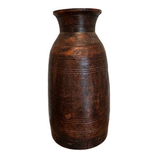 Vintage Himalayan-Style Carved Wooden Milk Pot – Large Sculptural Vessel With Aged Patina For Sale