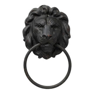 Vintage Lion Head Cast Metal Door Knocker With Antique Patina For Sale