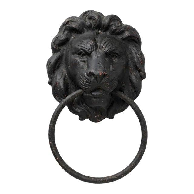 Vintage Lion Head Cast Metal Door Knocker With Antique Patina For Sale