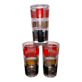 Vintage Mid-Century Red, Gold and Black Square Abstract Glasses Set of 3 For Sale