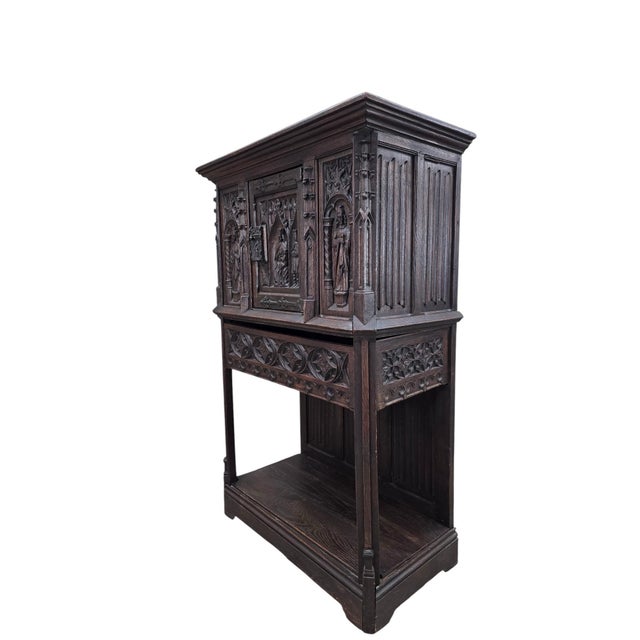 Late 19th Century Antique French Gothic Revival Carved Oak Cabinet With Religious Figures For Sale - Image 5 of 8