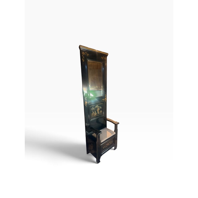 Late 20th Century Vintage Black Lacquer Chinoiserie Hall Tree With Mirror and Mohair Upholstered Seat For Sale - Image 5 of 11