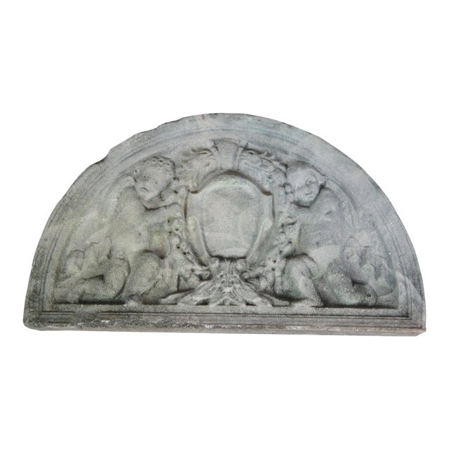 Concrete Victorian Demilune Sculptural Cherub Angel Garden Plaque For Sale
