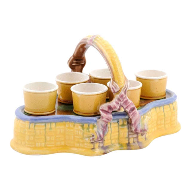 French 19th Century Majolica Porcelain Yellow Glazed Basket with Egg Cups Set- 7 Pieces For Sale