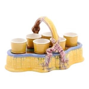 French 19th Century Majolica Porcelain Yellow Glazed Basket with Egg Cups Set- 7 Pieces