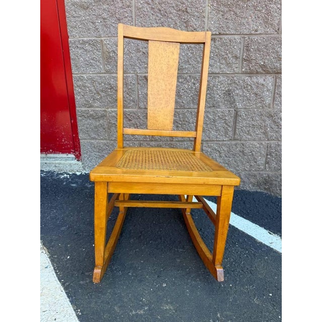 Mid 20th Century Vintage Rustic Country Colonial Oak Wood Cane Rocking Chair For Sale - Image 5 of 16
