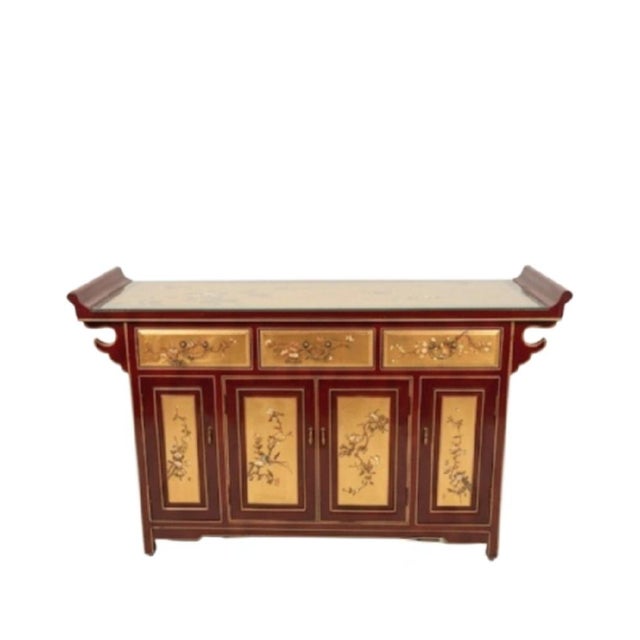 Ruby Red Vintage Chinoiserie Bird Floral Red Gold Leaf Pagoda Top Regency Buffet Credenza Server Cabinet For Sale - Image 8 of 11