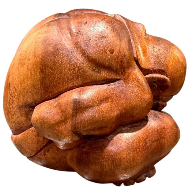 Vintage Hand Carved Wood Hotei Budai Laughing Buddha Seated Sculpture 7.5" For Sale - Image 9 of 10