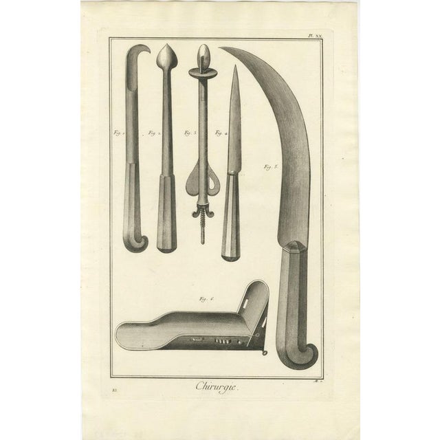 Hollywood Regency Antonio Baratti, Hooked Instrument and Sickle Knife, Diderot Chirurgie Plate Xx, 1772, Engraving For Sale - Image 3 of 8