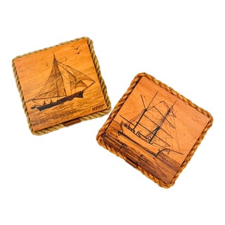 Vintage Folk Art Pen & Ink Petite Sailboat Art, Signed - Nautical Wood Plaques - Set of 2 For Sale