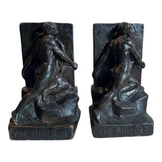 Antique Pompeian Bronze Clad Bookends Figural Man ‘The Builder’ For Sale