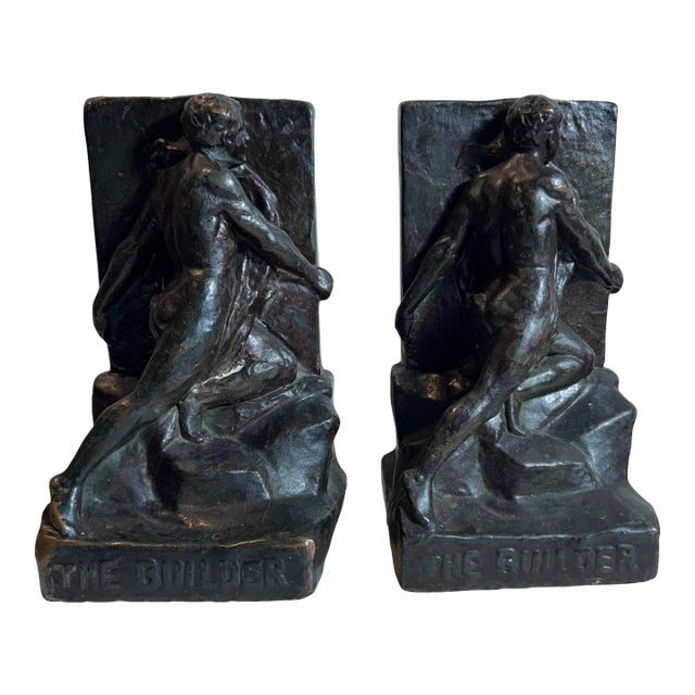 Antique Pompeian Bronze Clad Bookends Figural Man ‘The Builder’ For Sale