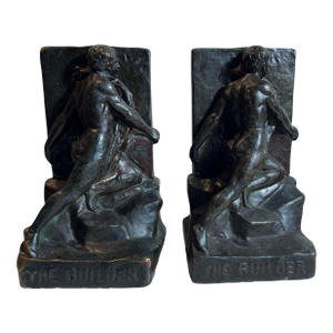 Antique Pompeian Bronze Clad Bookends Figural Man ‘The Builder’