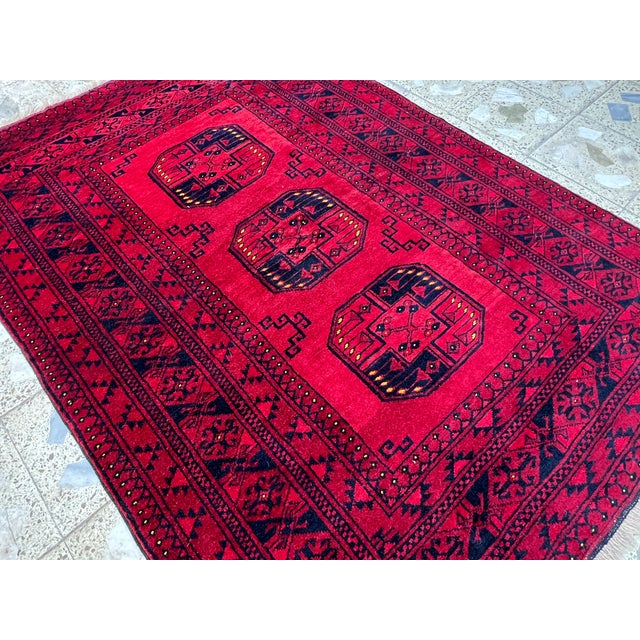 Persian Red Turkmen Bokhara Hand-Knotted Wool Rug - 4'6" X 6'4" For Sale - Image 3 of 12