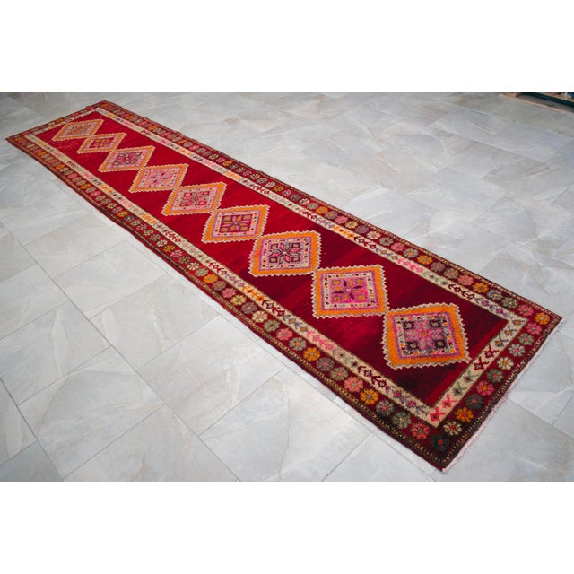 1960s Turkish Hand-Knotted Runner Rug Kitchen Hallway Decor Red & Pink 3x13 Ft Approx For Sale - Image 4 of 16