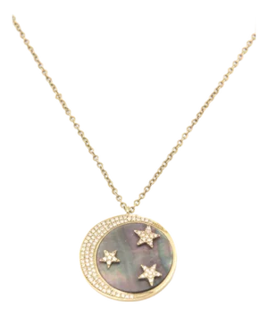 Moon and Star Diamond Mother of Pearl 14k Yellow Gold Pendant Necklace