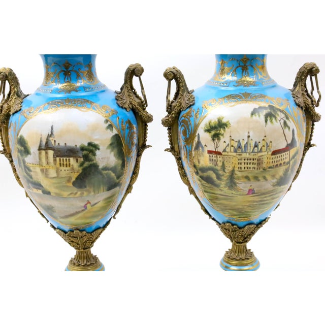 19th Century French Bronze Mounted Porcelain Covered Urns, Robin’s Egg Blue For Sale - Image 9 of 11
