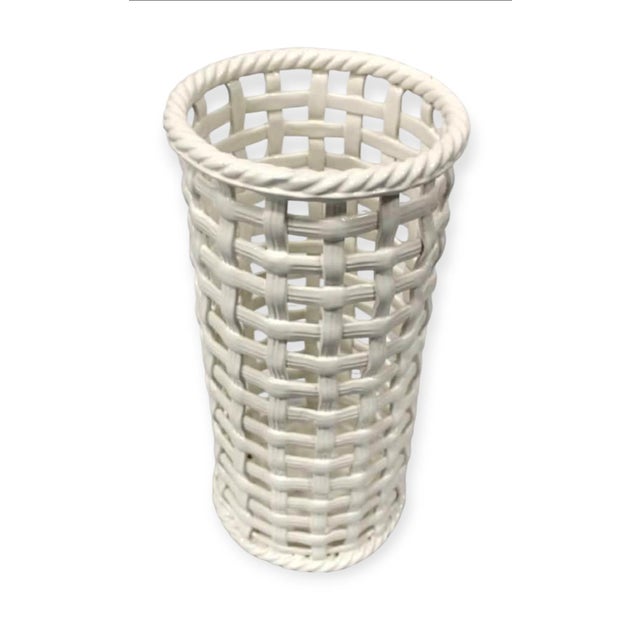 Hollywood Regency 1960s Hollywood Regency Ceramic Basketweave Umbrella / Cane Stand For Sale - Image 3 of 5