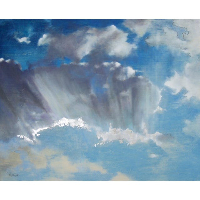 Sky 57 by James Van Fossan | Oil on silver leaf cradled panel of a blue sky with clouds For Sale