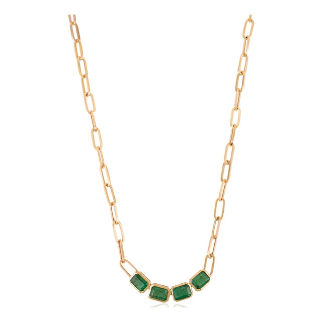 18k Gold 3.22 Carat Four Deep Emerald Paperclip Chain Necklace by VRJewels- 16 Inches For Sale