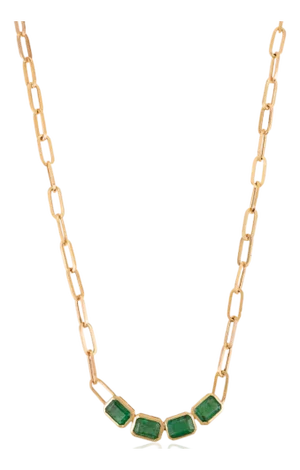 18k Gold 3.22 Carat Four Deep Emerald Paperclip Chain Necklace by VRJewels- 16 Inches