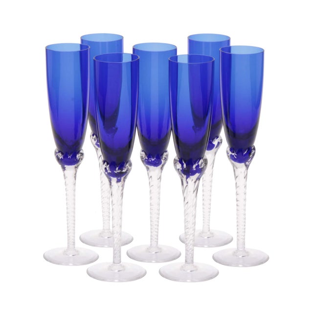 1980s Hand-Blown Crystal Champagne Flutes in Cobalt Blue With Spiral Twisted Clear Stems, Set of 6 For Sale In Los Angeles - Image 6 of 6