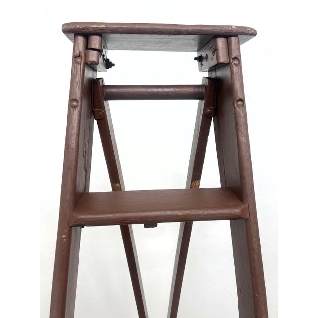 Mid-Century Modern Vintage Wooden Folding Library Ladder With Tiered Steps and a-Frame Form For Sale - Image 3 of 10