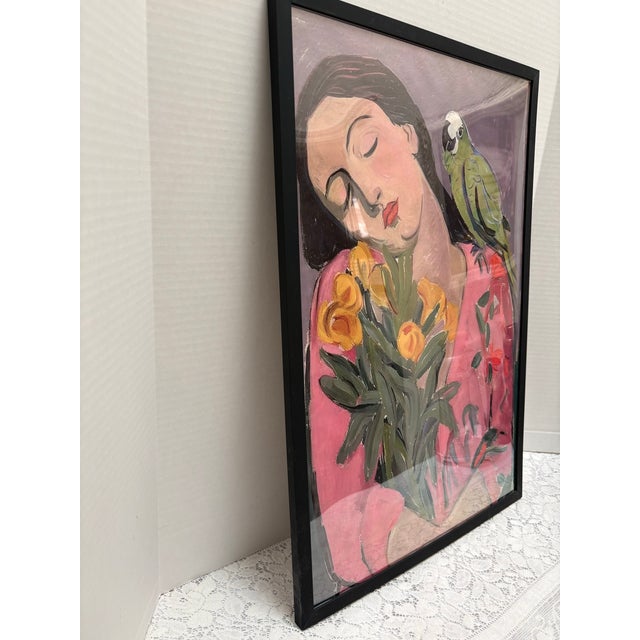 2010s Vibrant Colorful Framed Print of a Woman With a Green Parrot For Sale - Image 5 of 8