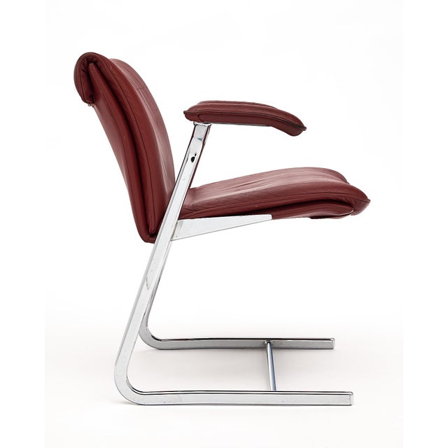 1980s Set of Red Leather and Chrome Armchairs For Sale - Image 5 of 9