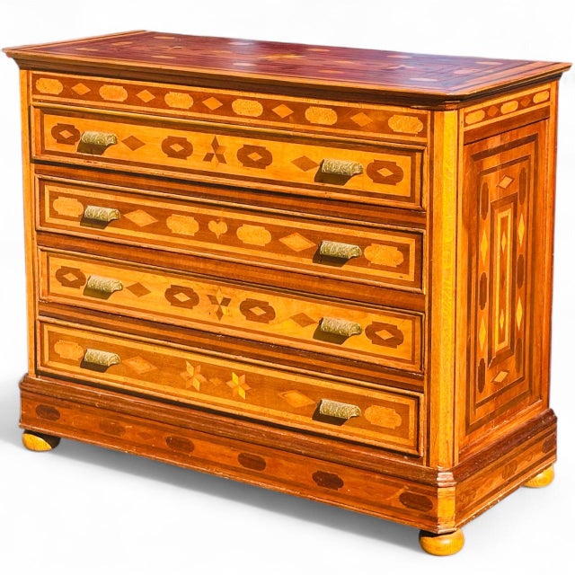American Antique Folk Art Inlaid Chest of Drawers With Nautical Stars and Tombstones For Sale - Image 3 of 12