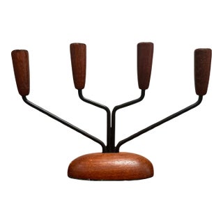 Vintage Danish Modern Teak & Black Metal Four-Light Candelabra For Sale