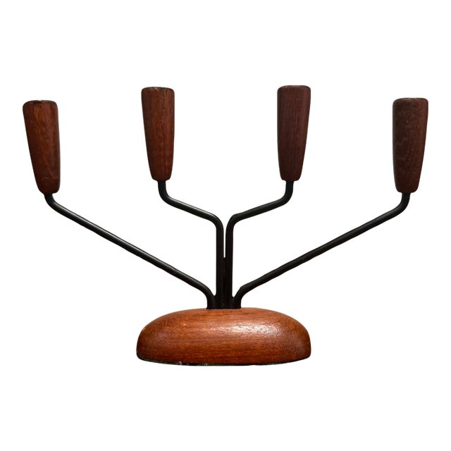 Vintage Danish Modern Teak & Black Metal Four-Light Candelabra For Sale